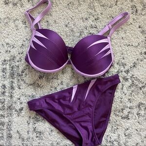 NWOT purple and pink bikini. Size 6. Top is push-up, underwire, padded C cup